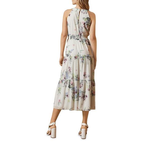 Ted Baker Kahlay Floral Print Smocked Halter Sleeveless White Midi Dress 8 - Picture 2 of 7